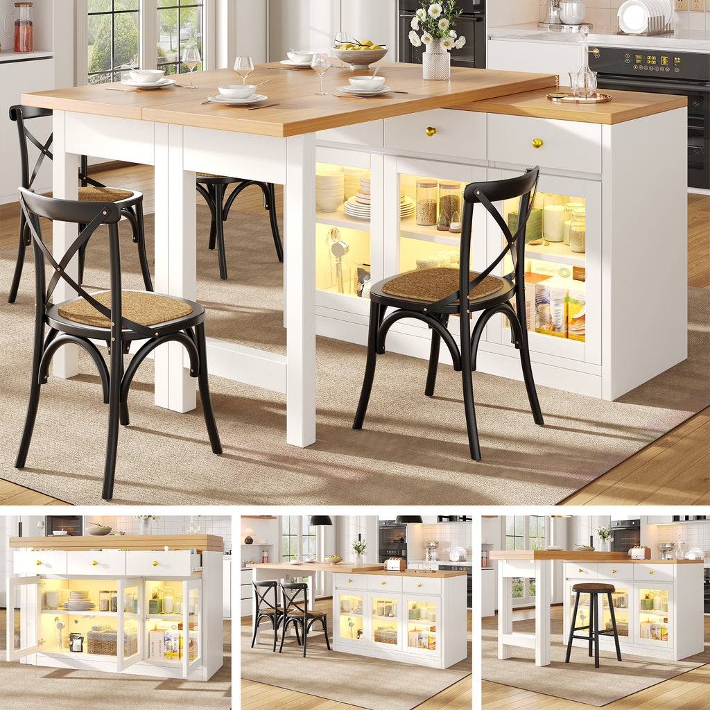 Extendable Kitchen Island With LED Lights, 120 - 200cm Adjustable Dining Table With Storage, 3 Drawers & Glass Cabinets, White Black - Noventis Home