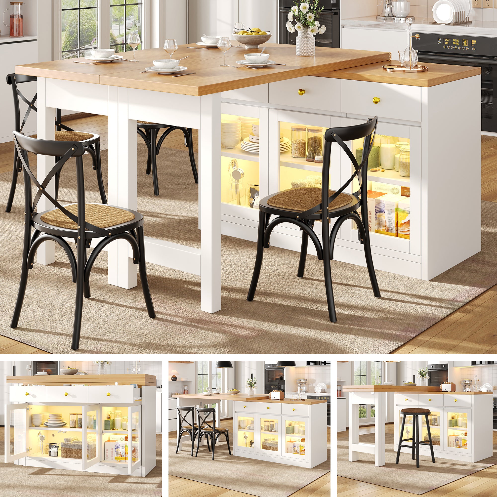Extendable Kitchen Island With LED Lights, 120 - 200cm Adjustable Dining Table With Storage, 3 Drawers & Glass Cabinets, White Black - Noventis Home