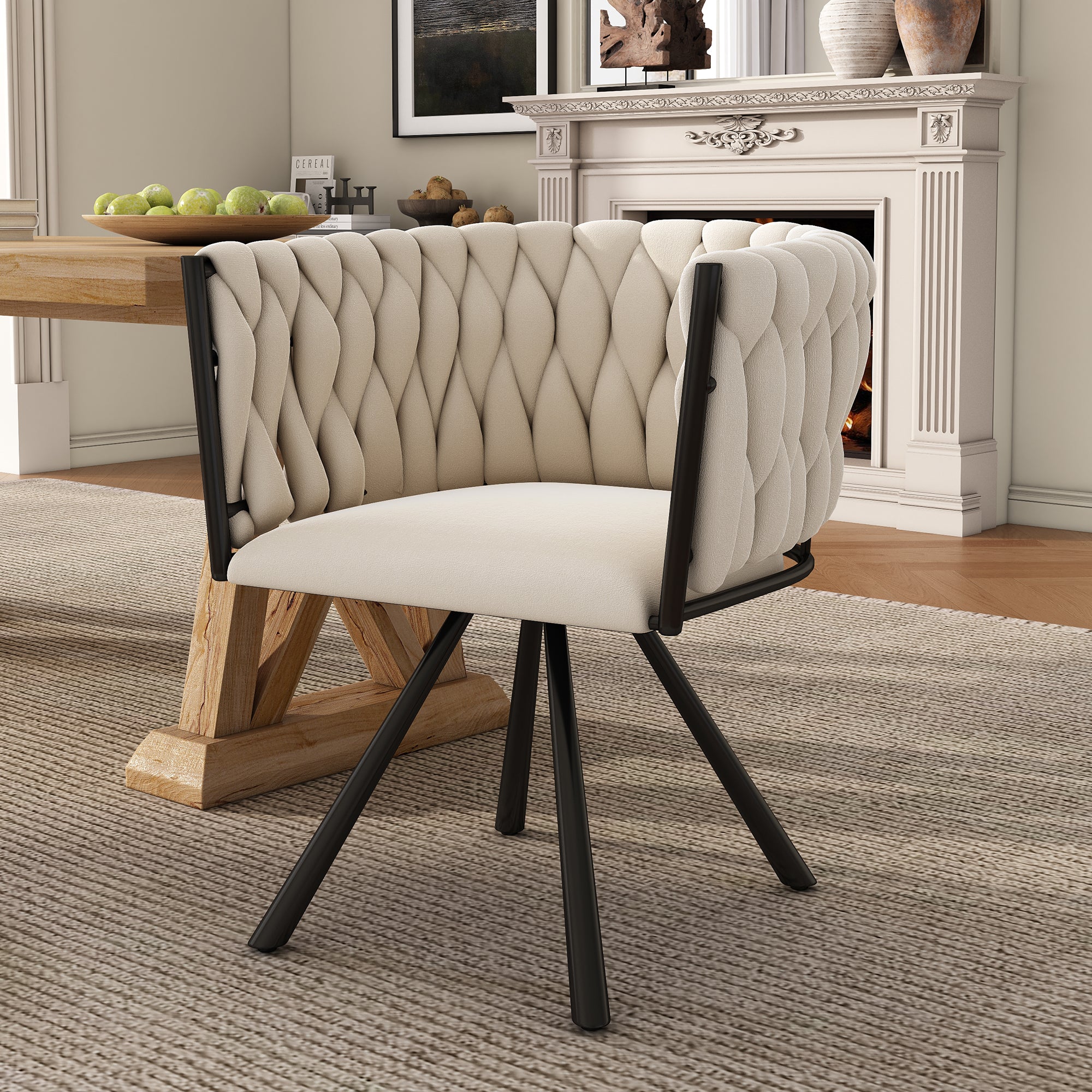 Velvet Dining Chair, Single Light Luxury Living Room Bedroom Swivel Chair, Leisure Swivel Chair With Four Metal Support Legs, Beige - Noventis Home