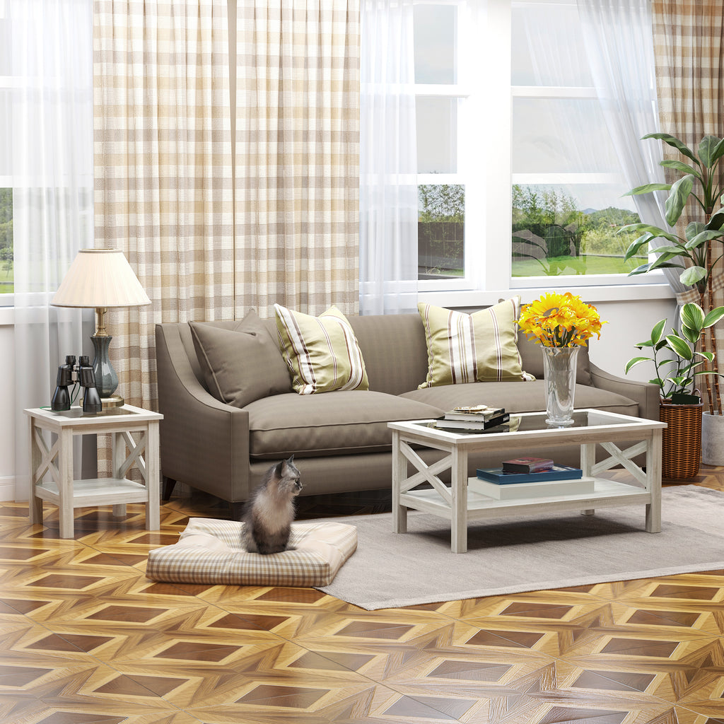 Coffee Table with Tempered Glass Tabletop, Living Room Table with Wood Frame and Underneath Storage Shelf, White Oak - Noventis Home
