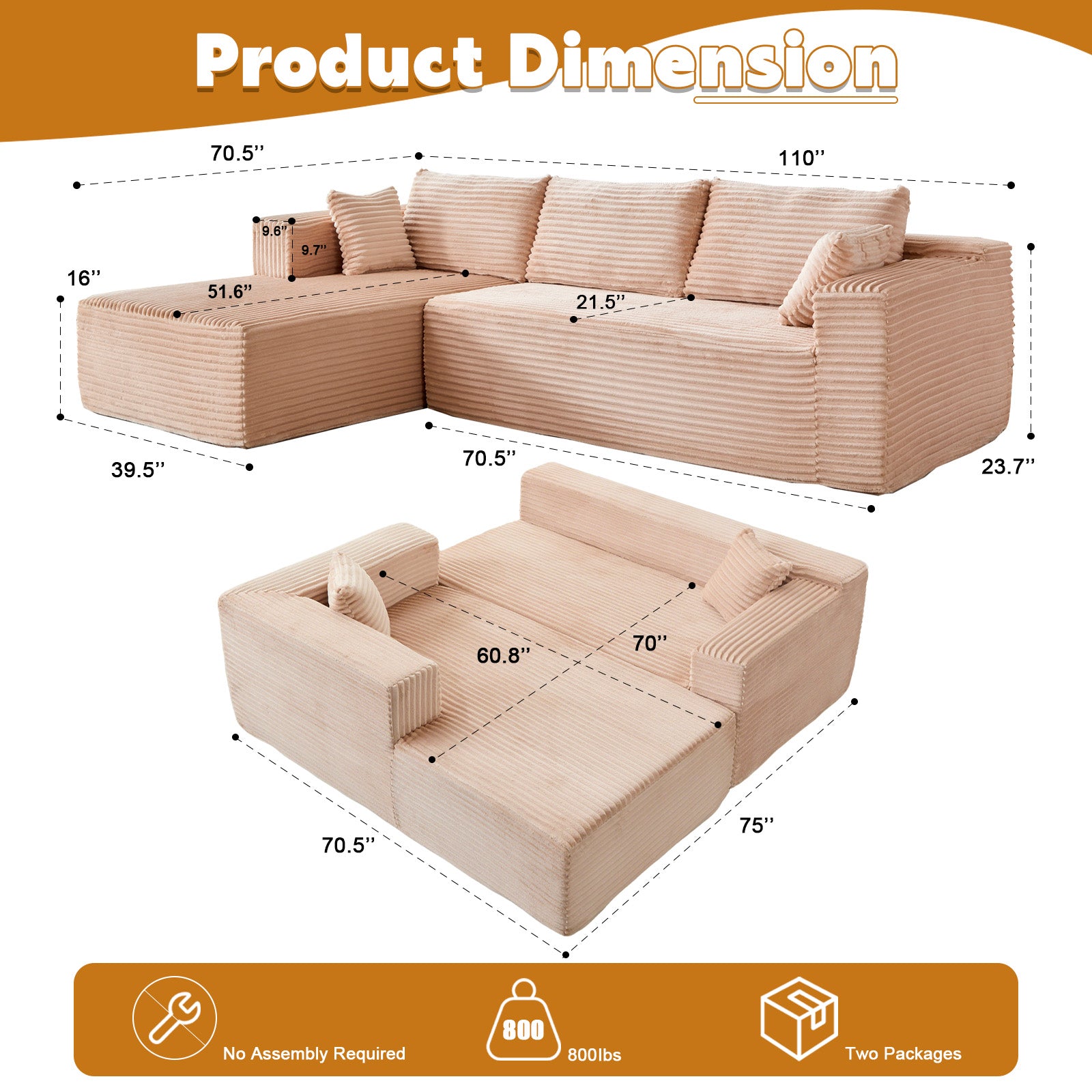 Compression Sectional Couch With Comfy Chaise, Boneless L Shape Sofa With Deep Seat, Minimalist Modular Couches Sleeper For Living Room Bedroom Apartment Lounge,corduroy,Beige - Noventis Home