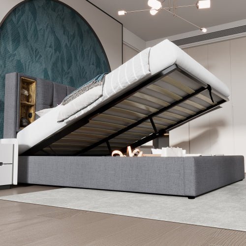Upholstered Double Bed 150 X 200cm With Wireless Charging USB Tyep - C, Hydraulic Storage Bed With Hydraulic Lever, Linen Fabric 5FT King Size Bed Frame With Large Storage Space,Grey No Mattress - Noventis Home