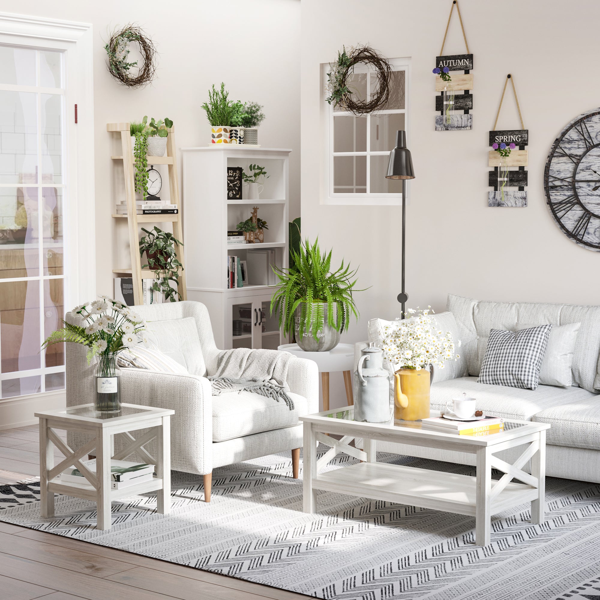 Coffee Table with Tempered Glass Tabletop, Living Room Table with Wood Frame and Underneath Storage Shelf, White Oak - Noventis Home