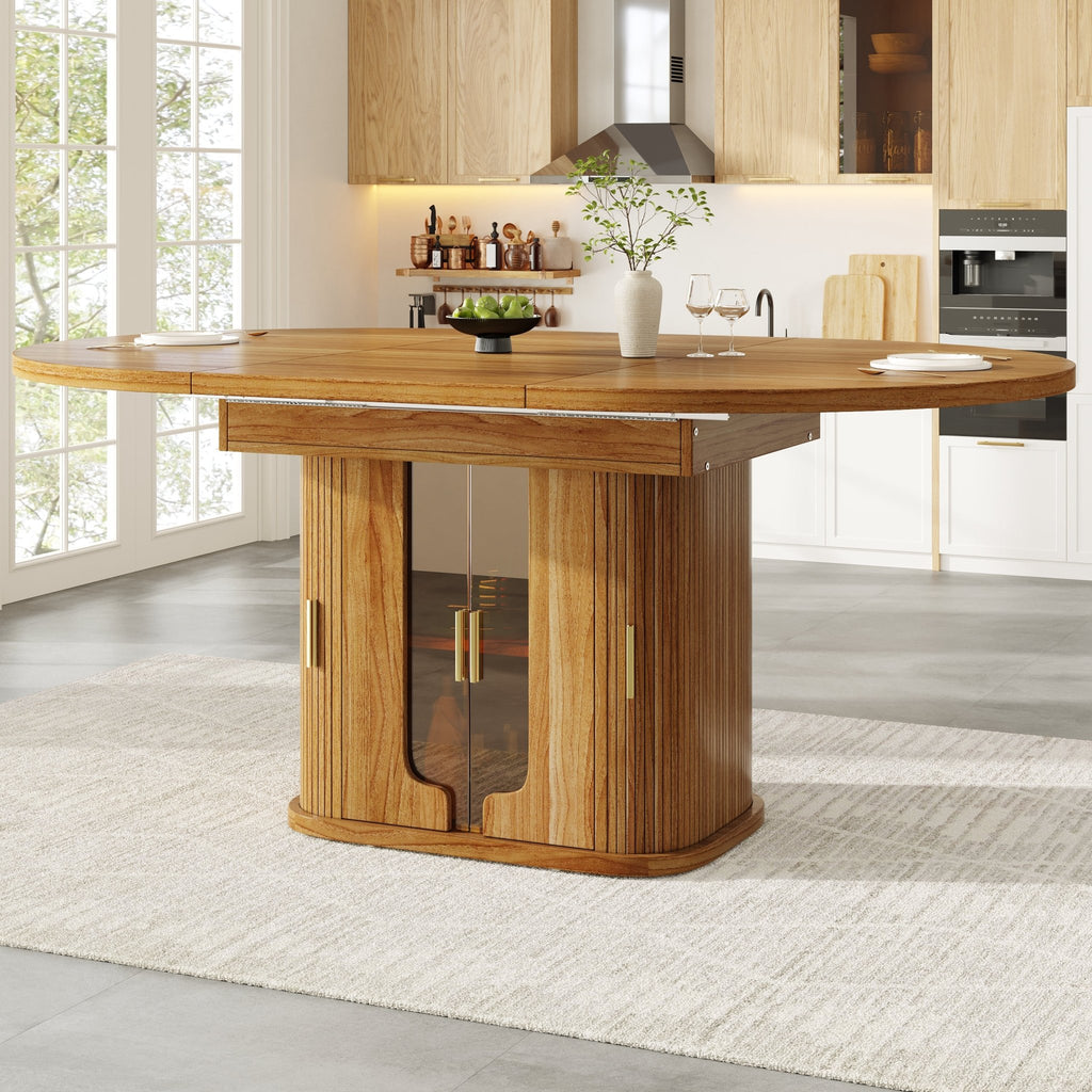 Uitschuifbare Ronde Eettafel, Uitklapbaar tot Ovaal, 118 - 158cm, tot 6 Personen, Glazen Deuren, Walnoot - Noventis Home