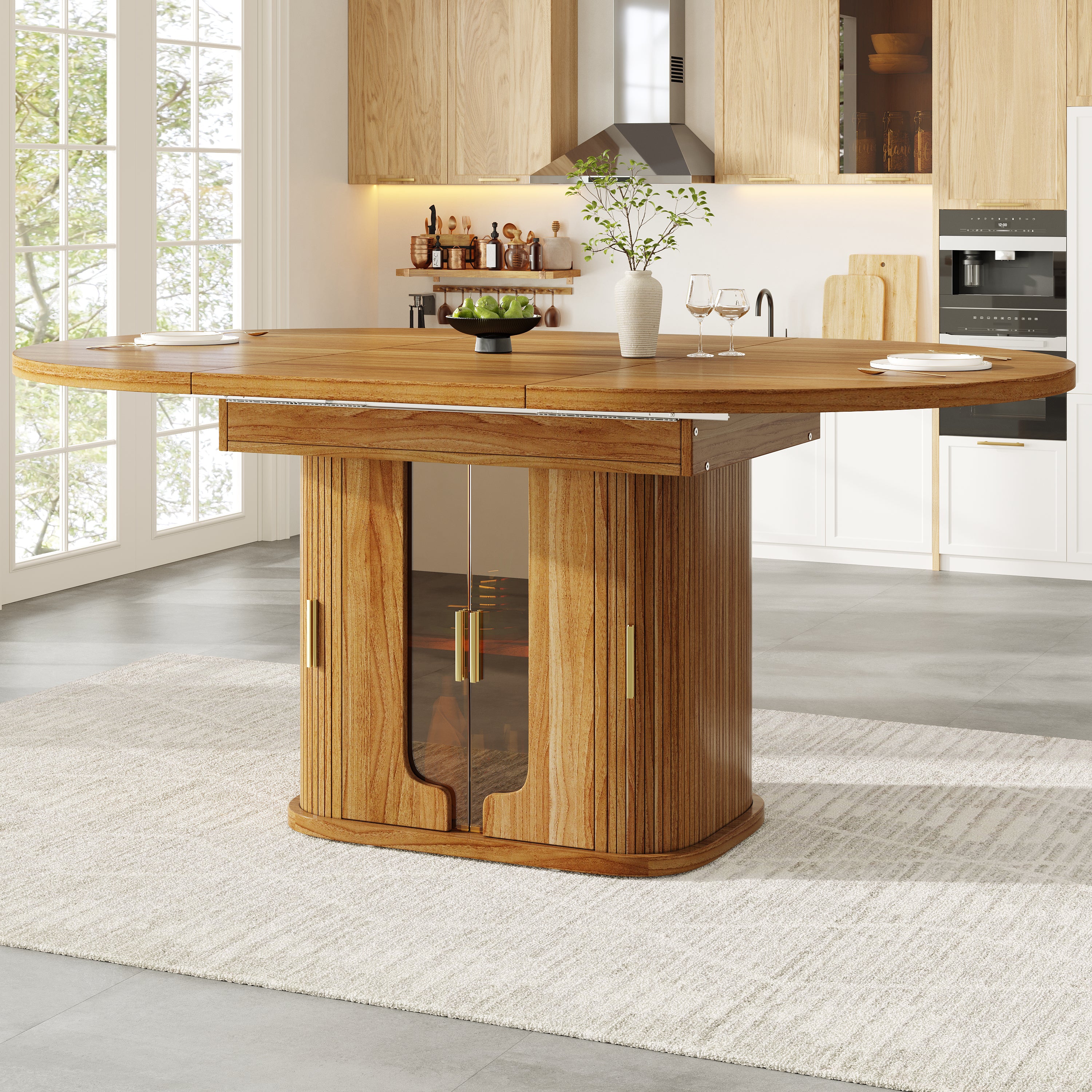 Uitschuifbare Ronde Eettafel, Uitklapbaar tot Ovaal, 118-158cm, tot 6 Personen, Glazen Deuren, Walnoot