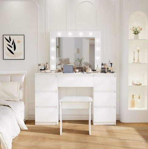 Large White Vanity Tables With Mirror And Light - Noventis Home