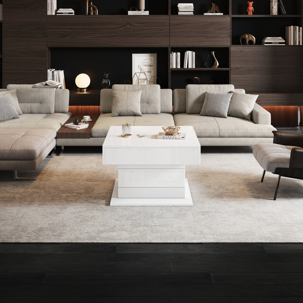 360° Draaibare Salontafel, Hoogglans Lift-Top met 1 Lade, Ruimtebesparende Bijzettafel, 70x70x45cm, Wit