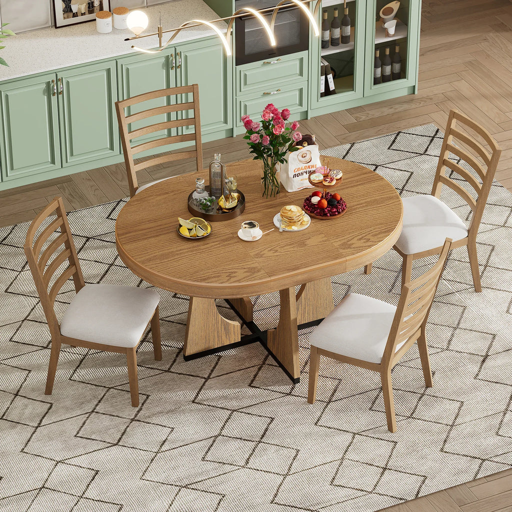 TREXM Round Dining Table For 4 With Chairs Set Extendable Dining Table Set With 16 Removable Middle Leaf 5 Piece Retro Dining Table Set Unique Geometric Design For Kitchen Dining Room Natural - Noventis Home