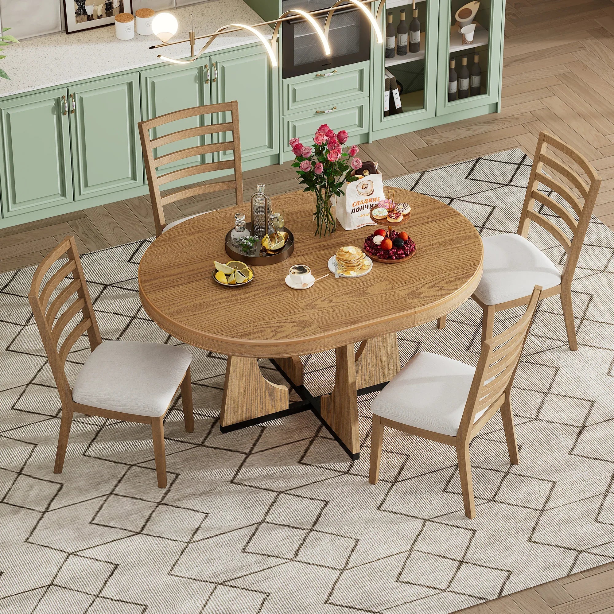 TREXM Round Dining Table For 4 With Chairs Set Extendable Dining Table Set With 16 Removable Middle Leaf 5 Piece Retro Dining Table Set Unique Geometric Design For Kitchen Dining Room Natural - Noventis Home