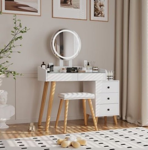 Kaptafel met LED - verlichting, Glazen Blad, Uitschuifbare Zijtafel, 5 Lades, Spiegel en Kruk voor Slaapkamer - Noventis Home