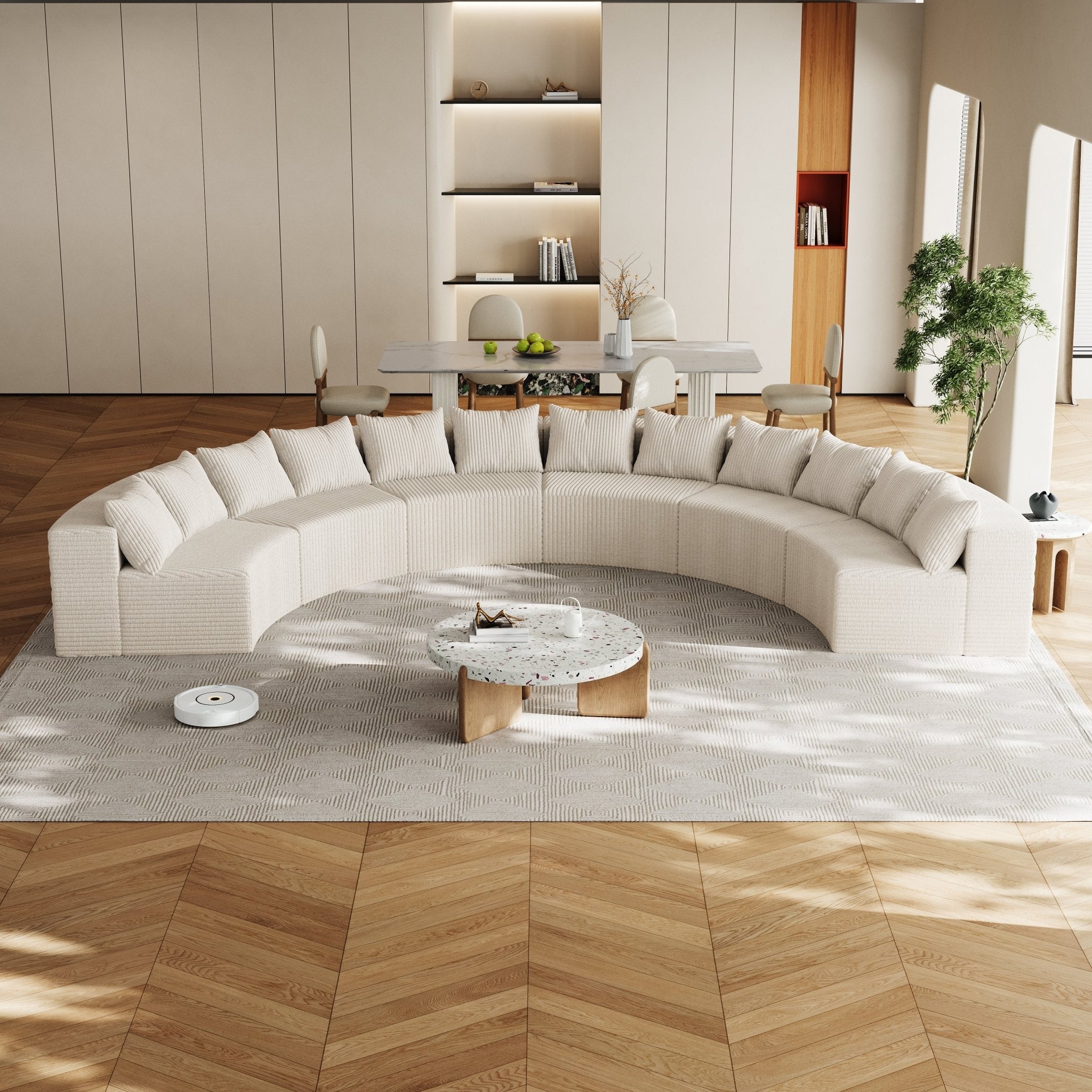 Corduroy Gebogen Modulaire Schuimbank met 12 Kussens, Halfronde Symmetrische Hoekbank voor Woonkamer en Slaapkamer, 6 Modules, Beige - Noventis Home