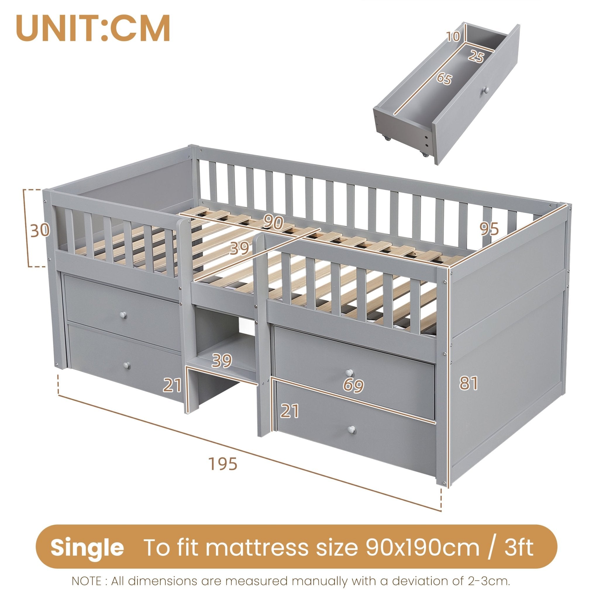 Laag Halfhoogslaper met Opbergruimte, Massief Houten Bedframe met 4 Lades en Veiligheidsreling, 90x190cm, Grijs, Zonder Matras - Noventis Home