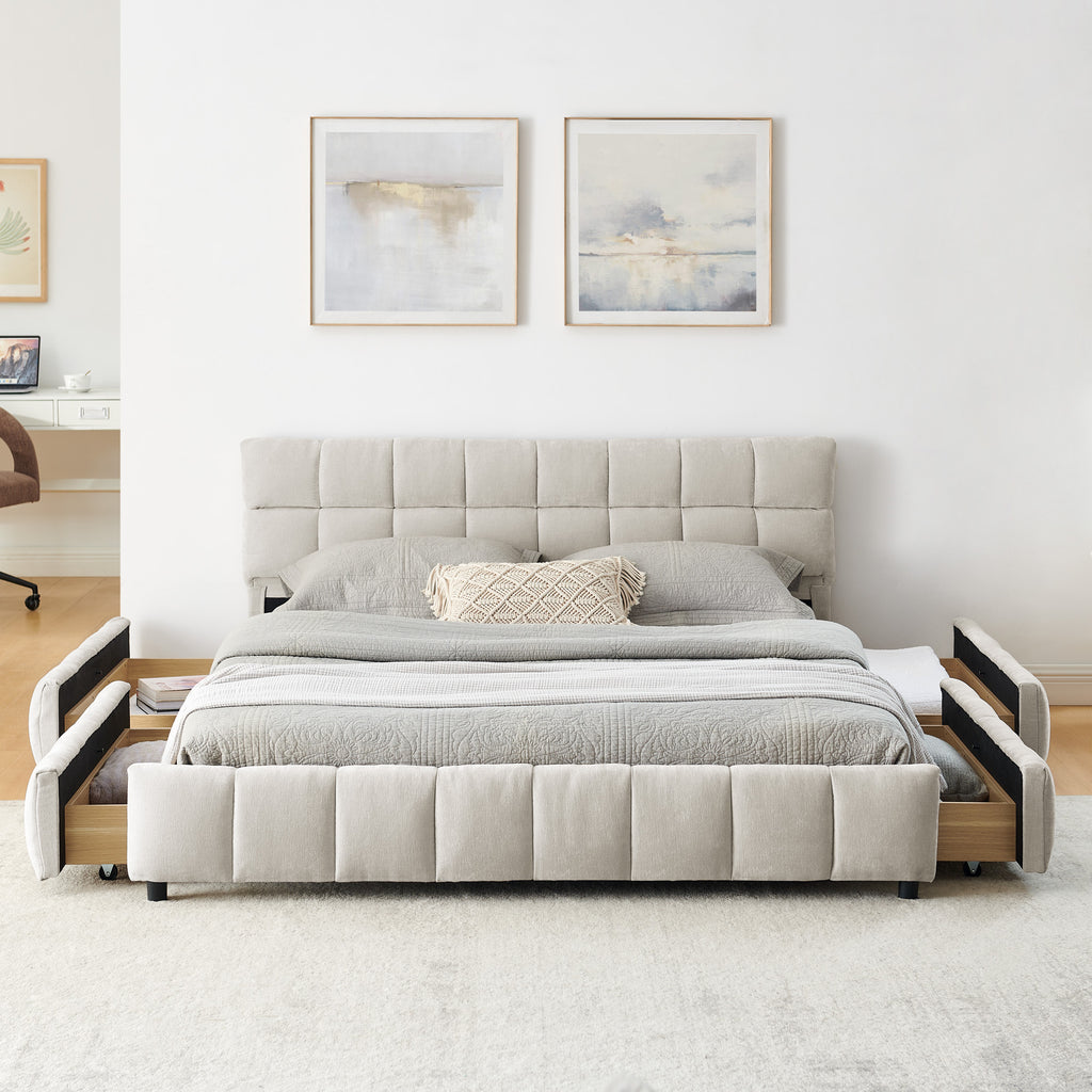 Gestoffeerd Queensize Bed, Comfortabel Bedframe van Chenille Stof met Hoofdeinde en Lade voor Opbergruimte, Beige - Noventis Home