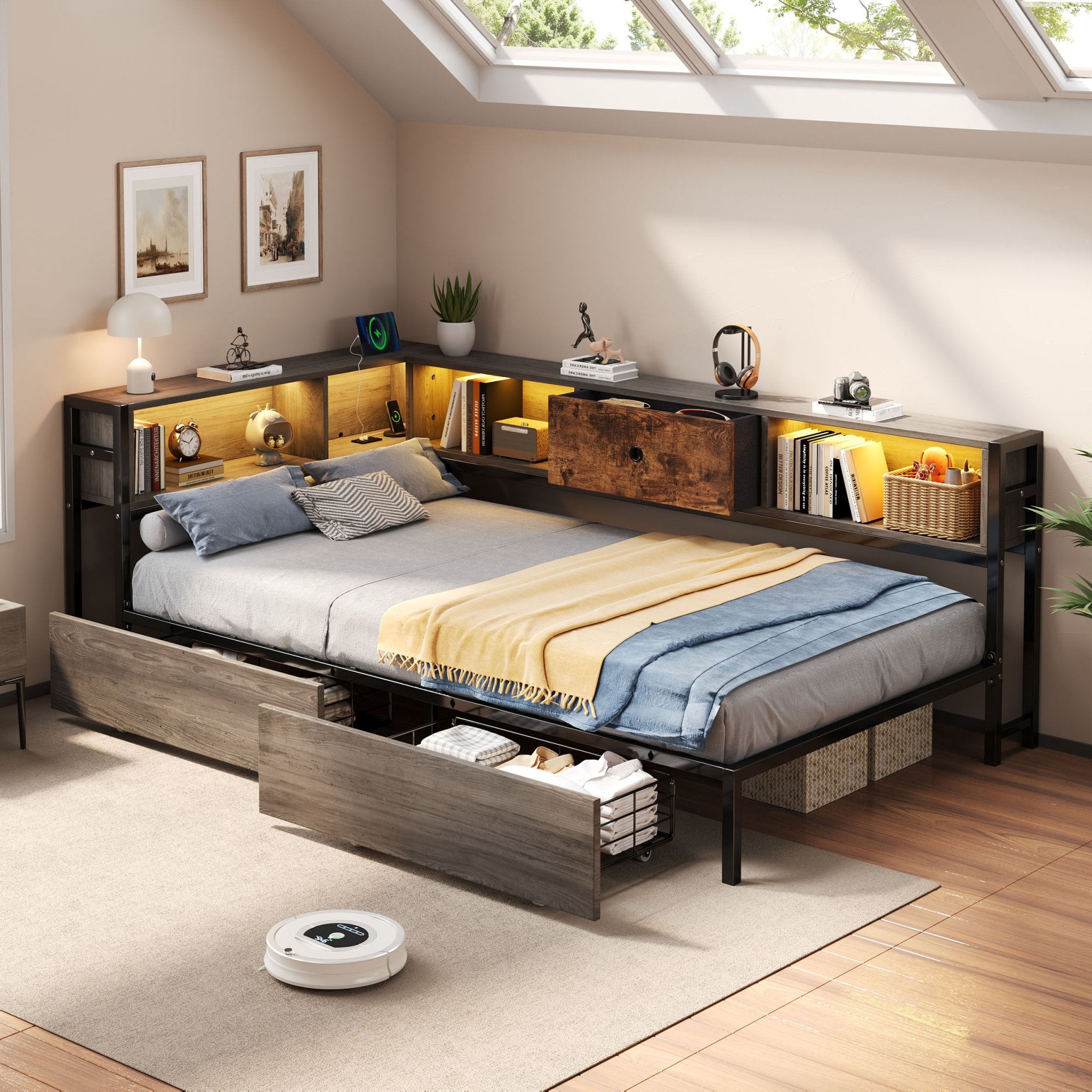3ft Single Metal And Wood Bed With RGB LED Lights & Charging Station USB & Type - C, Built - in Shelves And Bedside Storage, Two Storage Drawers, Two Assembly Methods, Grey, Rustic Brown No Mattress - Noventis Home