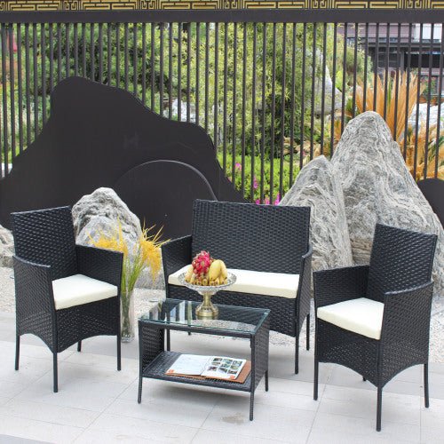 4 PC Rattan Patio Furniture Set Outdoor Patio Cushioned Seat Wicker Sofa Beige Cushion - Noventis Home