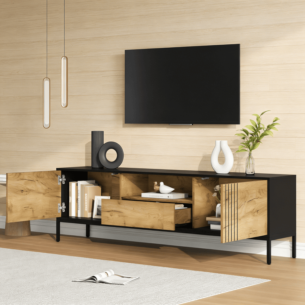 170x35x50cm TV Cabinet,TV Board, TV Console With 2 Cabinets And 1 Drawer, TV Table, TV Stand, Living Room Cabinet, Suitable For TVs Up To 70 Inches,natural Wood Black - Noventis Home