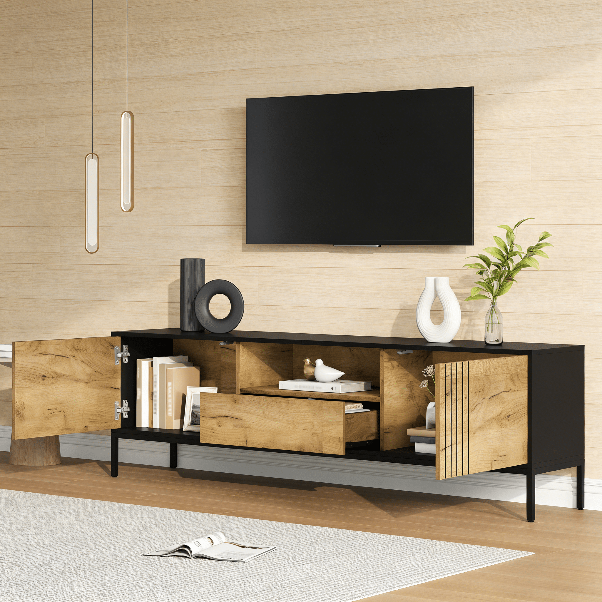 170x35x50cm TV Cabinet,TV Board, TV Console With 2 Cabinets And 1 Drawer, TV Table, TV Stand, Living Room Cabinet, Suitable For TVs Up To 70 Inches,natural Wood Black - Noventis Home
