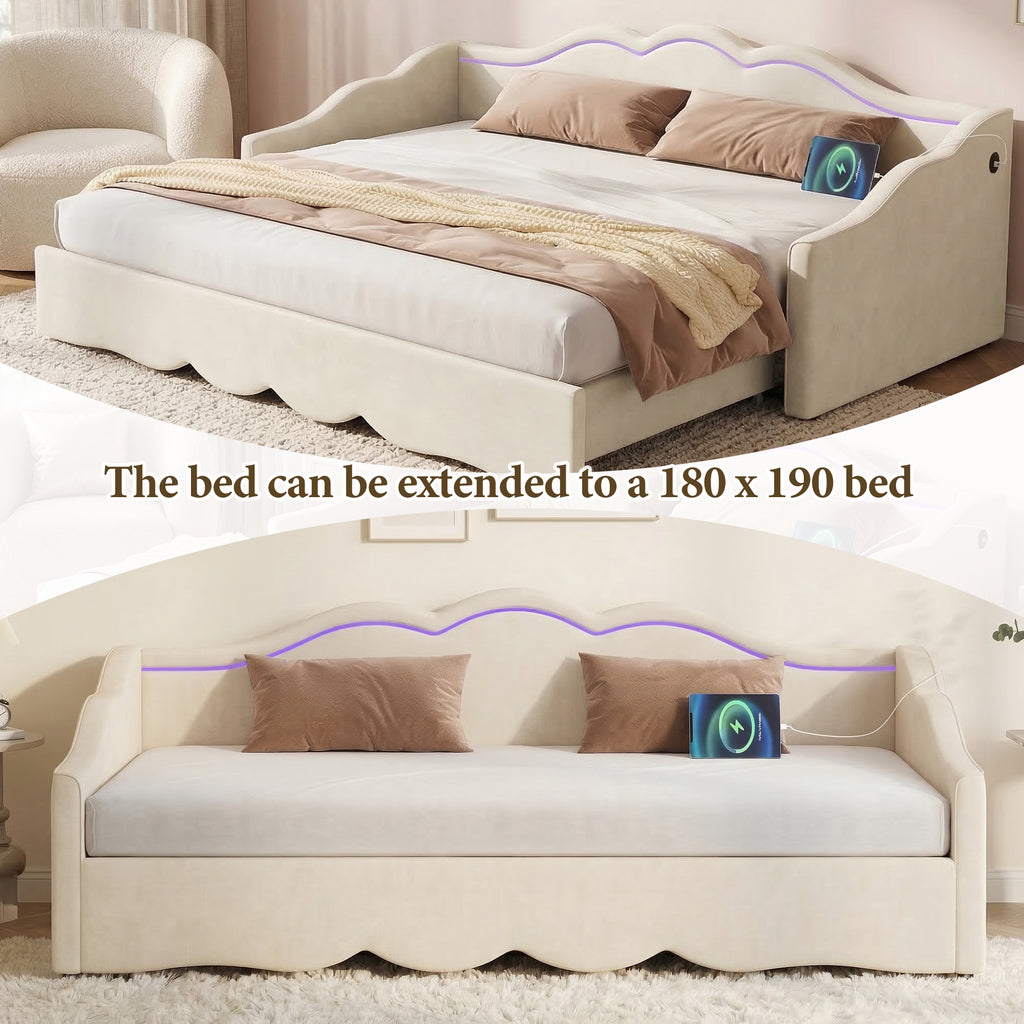 Upholstered Daybed, Sofa Bed, 90x190 Cm, Extendable To 180 Cm, With LED Lighting And USB Port, Beige Velvet - Noventis Home