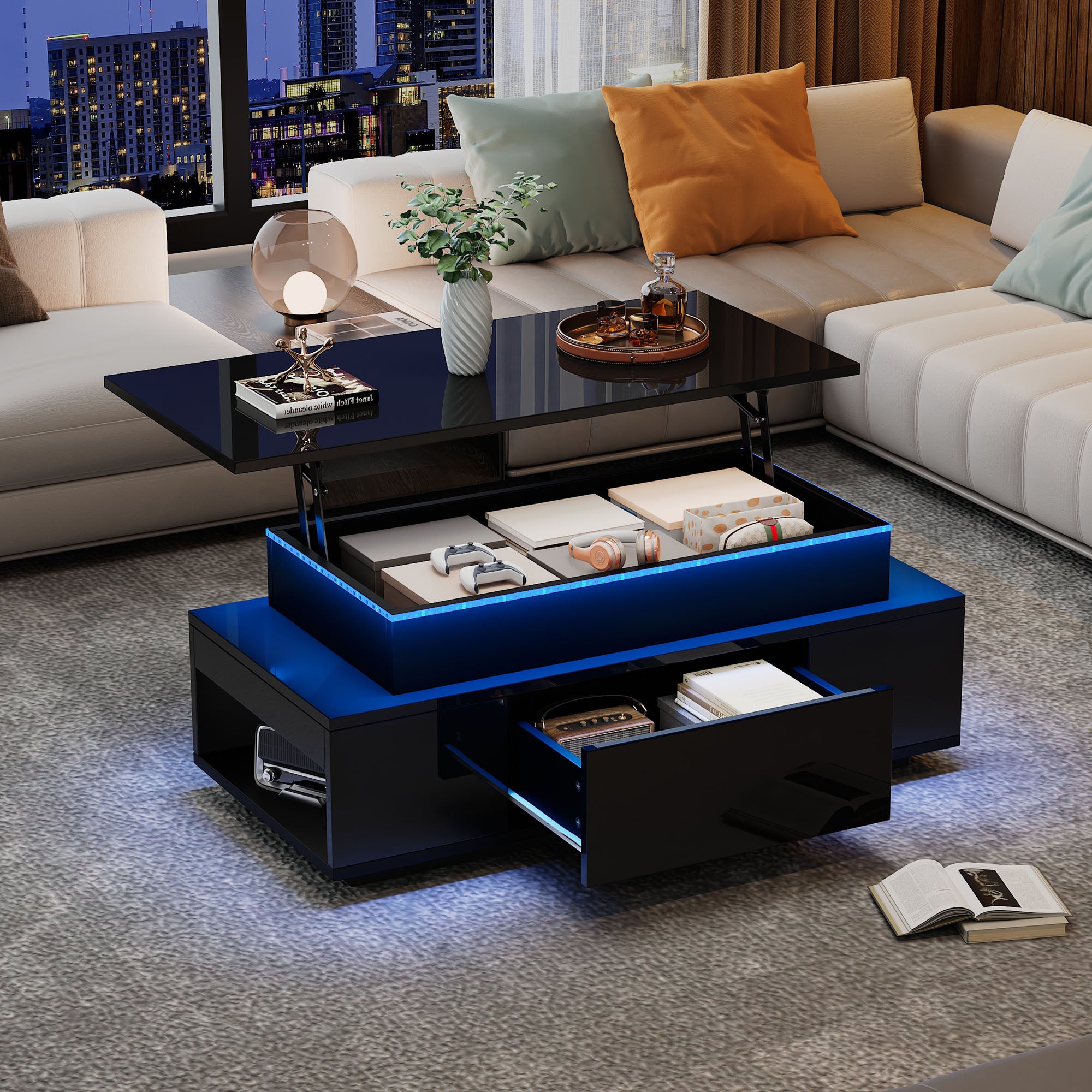 Lift - Top Coffee Table, Highgloss Centre Table With 1 Drawers & LED Lights, Hidden Storage Space, Lifting Sofa Side Table, Space - saving End Table,Tea Table,for Livingroom, Office, 96x45x40m, Black - Noventis Home