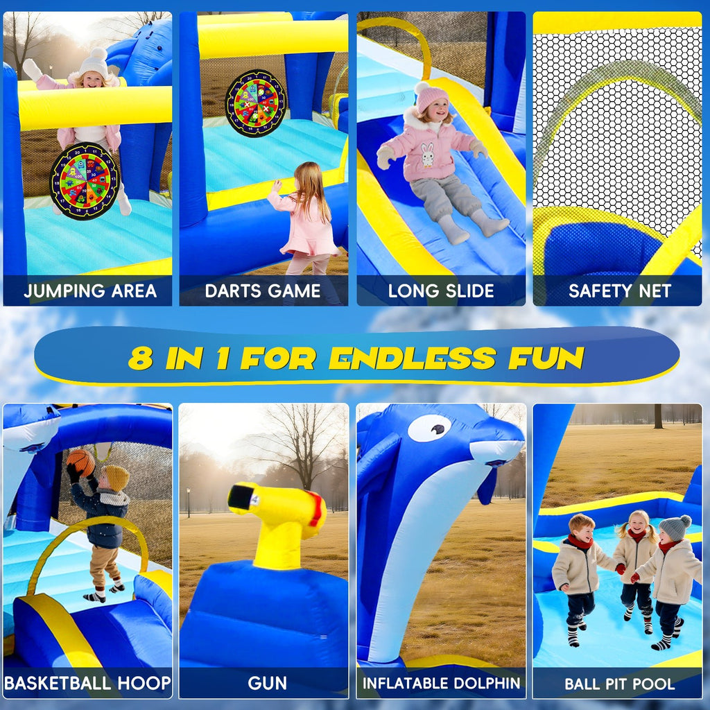 8 - in - 1 Opblaasbaar Waterglijbaan Speelpark met Trampoline, Dolfijn Sproeier, Waterpistool en Basketbal, voor Buiten - Noventis Home