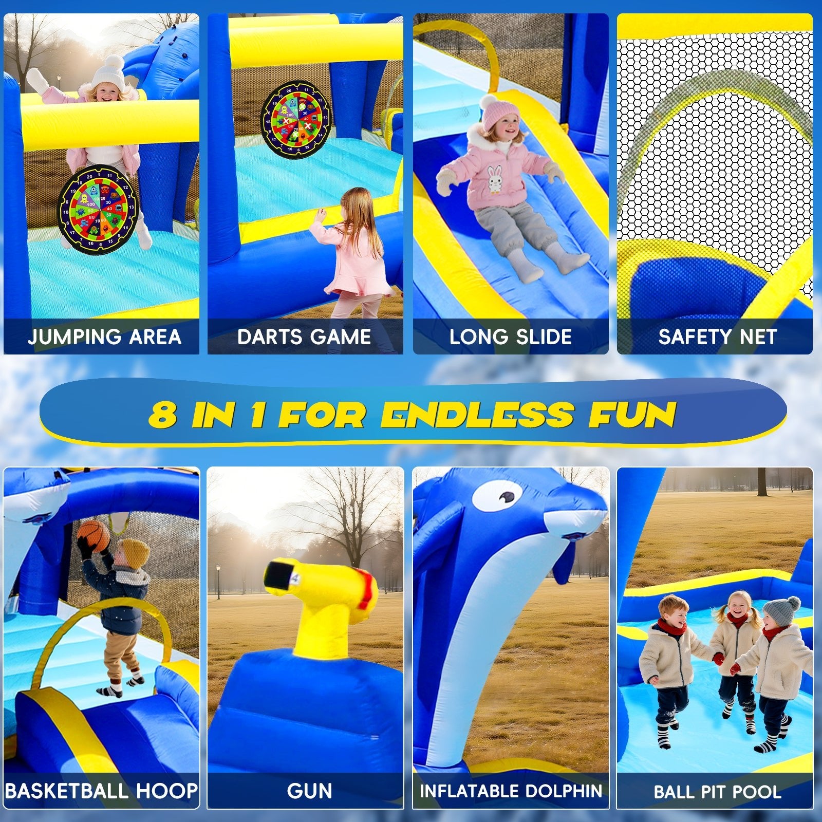 8 - in - 1 Opblaasbaar Waterglijbaan Speelpark met Trampoline, Dolfijn Sproeier, Waterpistool en Basketbal, voor Buiten - Noventis Home