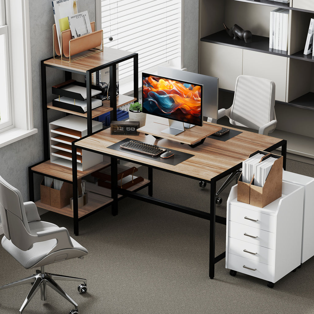 Computerbureau 170cm met Monitorstandaard en Omkeerbare 4-laags Plank, Industrieel Design, Bruin
