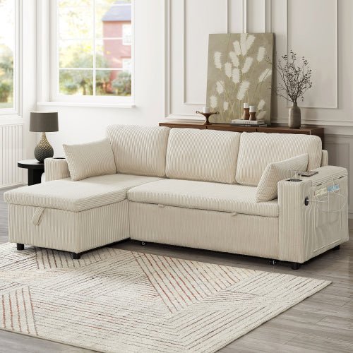 3 In 1 Convertible Corduroy Sofa Bed With Storage Chaise, L Shaped Sleeper Sofa Couches With Armrest Storage And Charging Station. Pullout Sectional Daybed For Living RoomBedroomOffice, Grey - Noventis Home