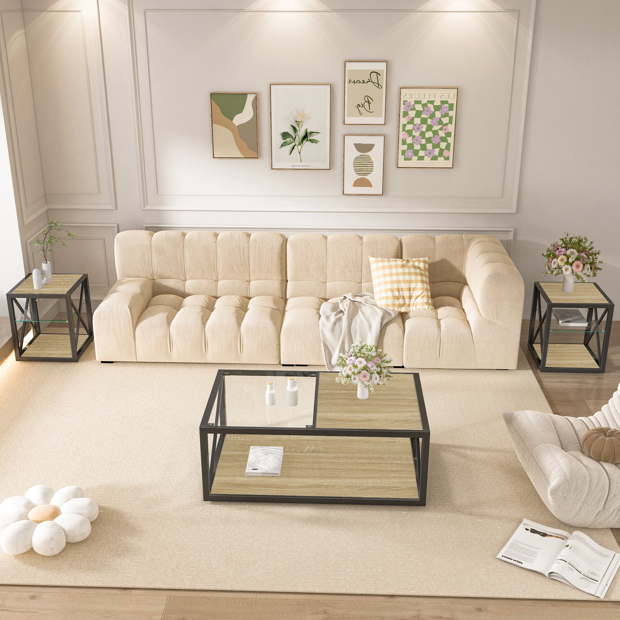 Moderne Salontafel voor Slaapkamer en Woonkamer, Gehard Glas en Naturel Hout MDF Blad, Industrieel Design