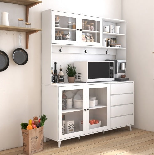 Grote Keukenkast 160 cm, Vrijstaande Voorraadkast met 4 Deuren, 4 Lades en Magnetronplank, Wit