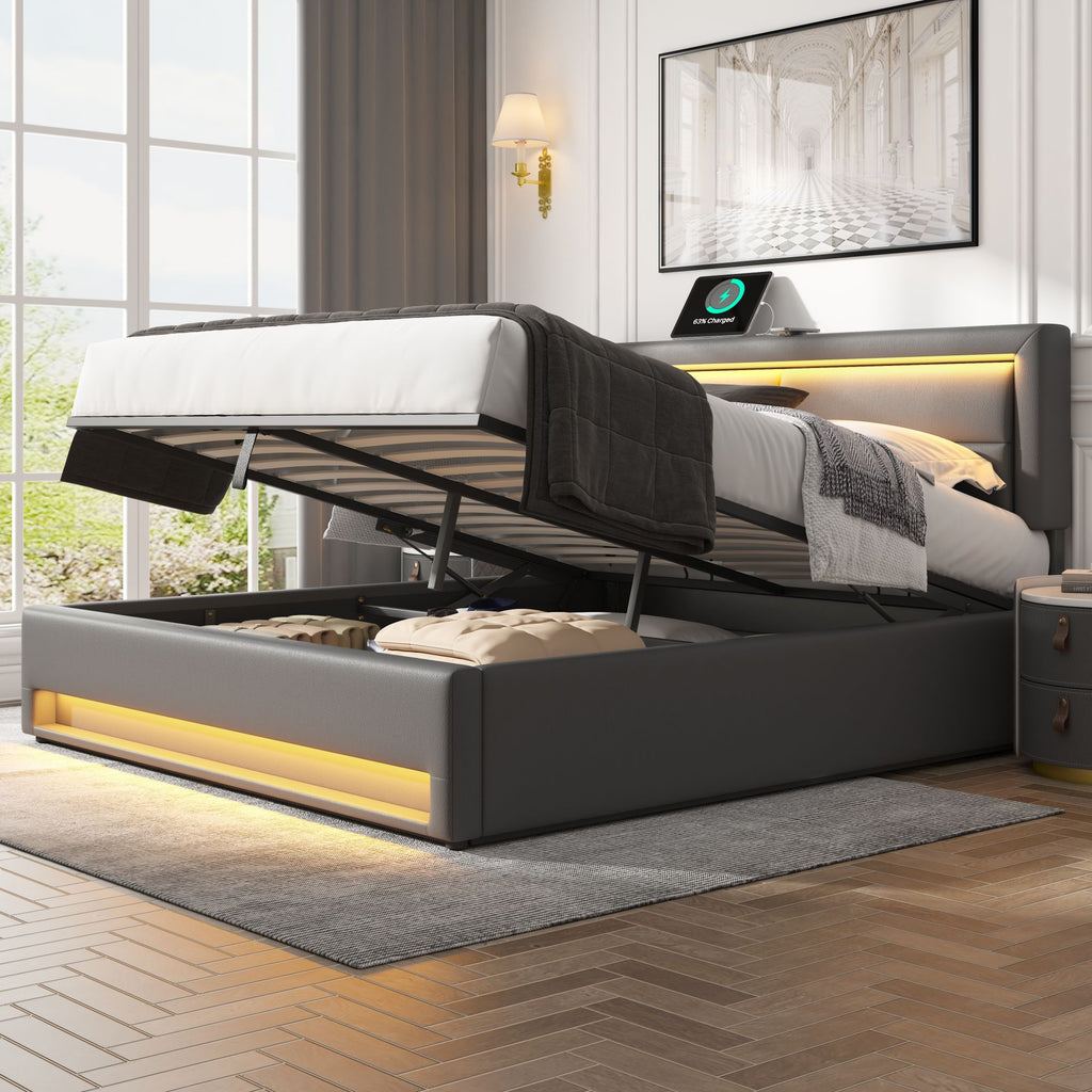 Upholstered Bed 180 X 200 Cm, Super King Size Bed - 6ft,with USB Port Supports Wireless And Wired Charging, With LED Lighting And Storage Space, Without Mattress, PU Lychee Pattern, Grey - Noventis Home