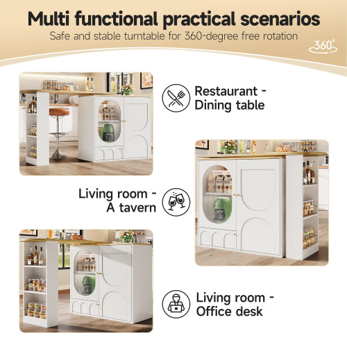 360° Draaibare Bartafel 138x39x105 cm, Koffiebar Meubel, Draaibare Eettafel met Opbergruimte, Keukeneiland, 2 Deuren met Planken, Wit