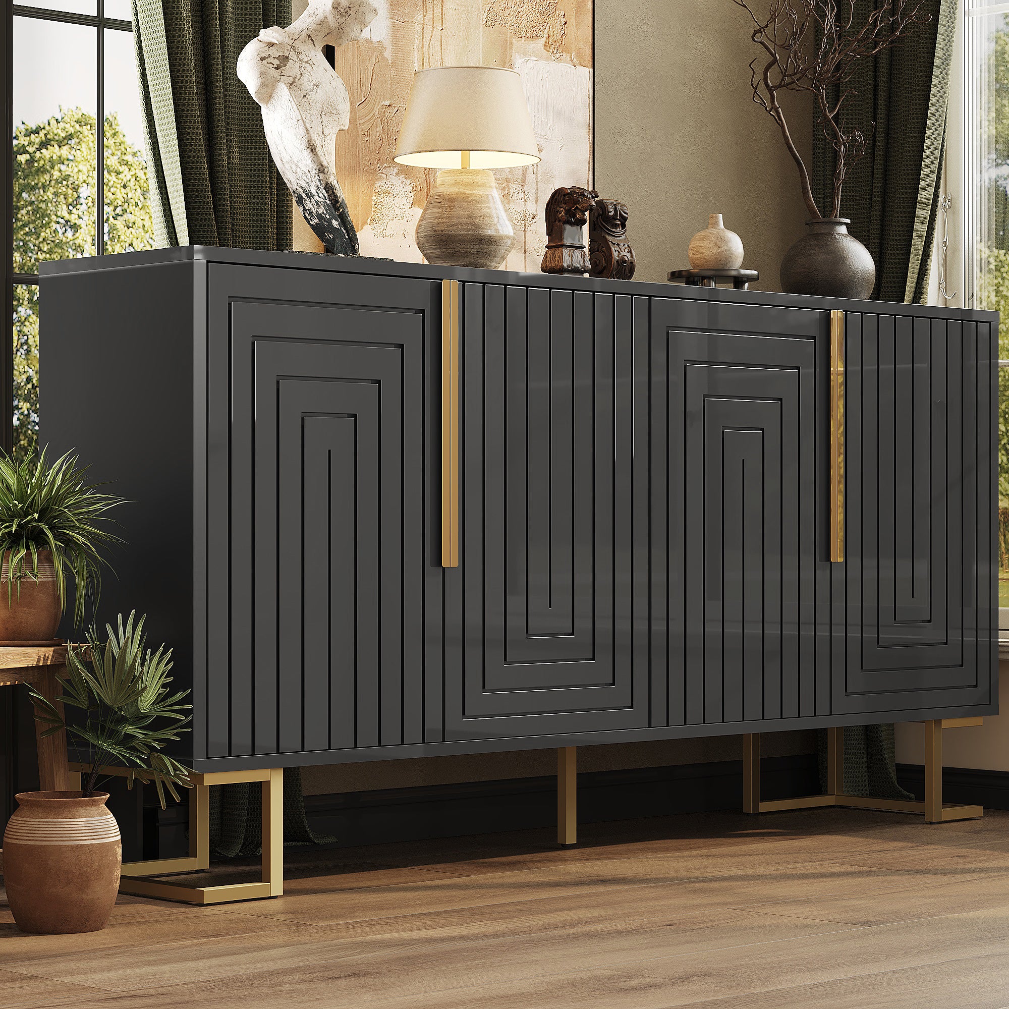 Zwart Dressoir 152x40x75cm met Uniek Geometrisch Design en Gouden Handgrepen en Poten