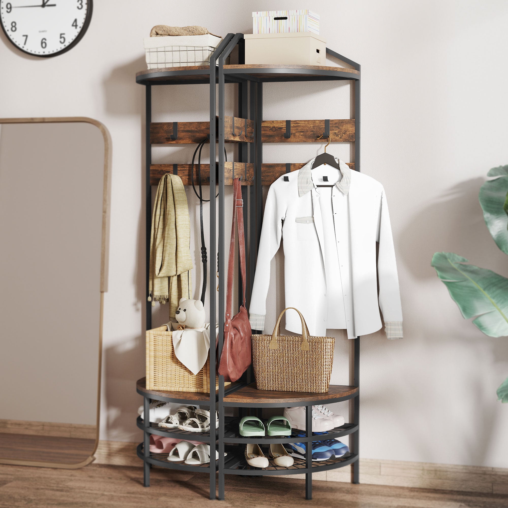 Corner Hall Tree, Industrial 4 - Tier Coat Rack with Shoe Storage, 8 Movable Hooks and 2 Shelves for Hallway, Rustic Brown - Noventis Home