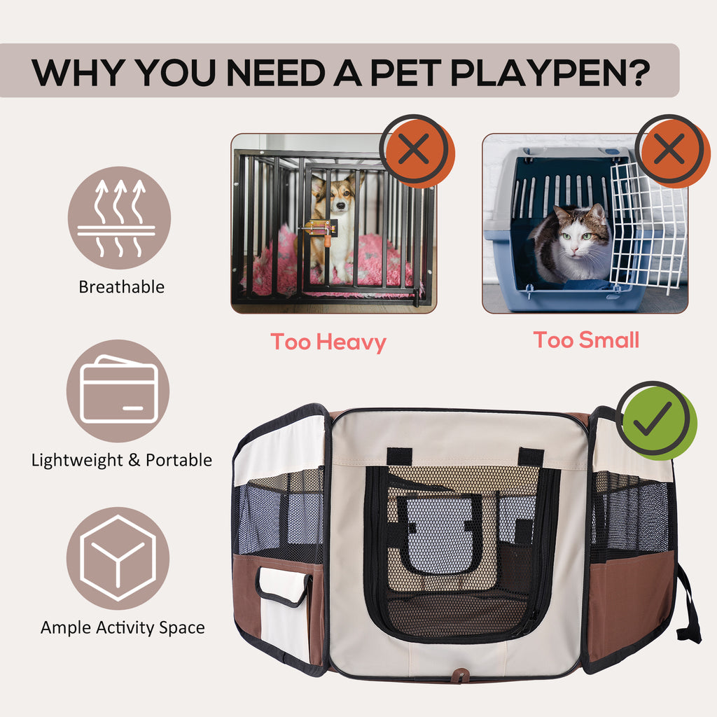 PawHut Portable Cat Dog Playpen Pet Puppy Rabbit Guinea Pig Pen Run Dia 90 X 41H Cm Indoor & Outdoor Brown - Noventis Home