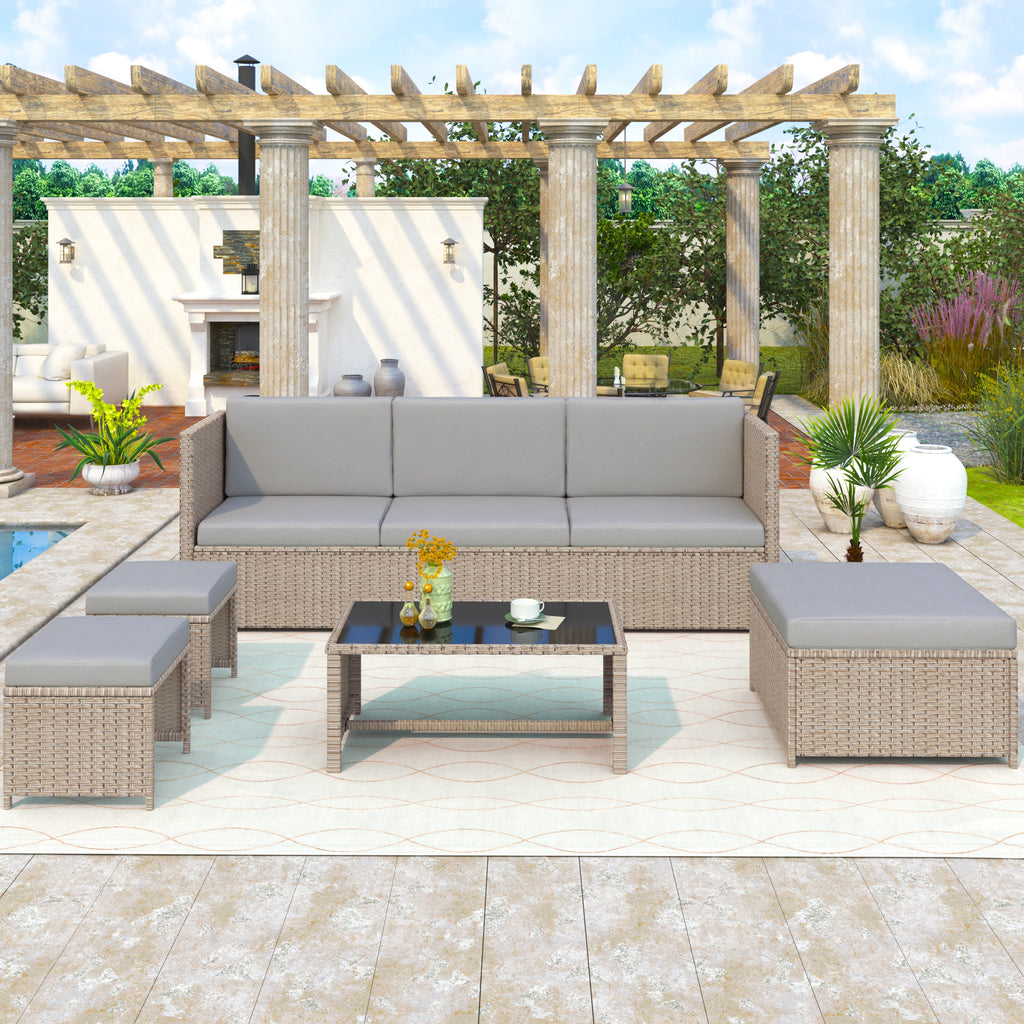 4 - 6 Seater Garden Lounge Set, Garden Furniture Set, Ratten Sofa, Seating Group, Patio Furniture,Khaki - Noventis Home