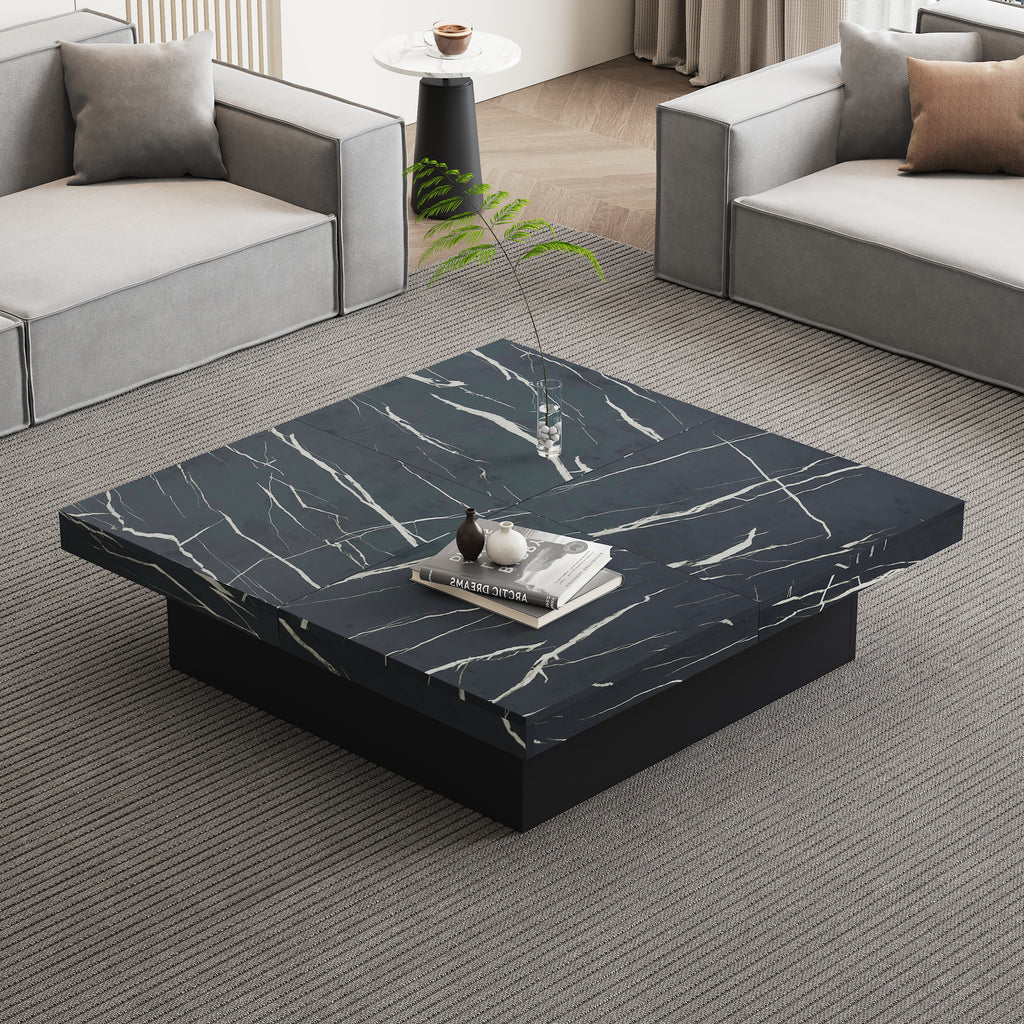 Moderne Vierkante Salontafel met Marmerlook, 4 Schuiflades, 90x90x25 cm, Zwart
