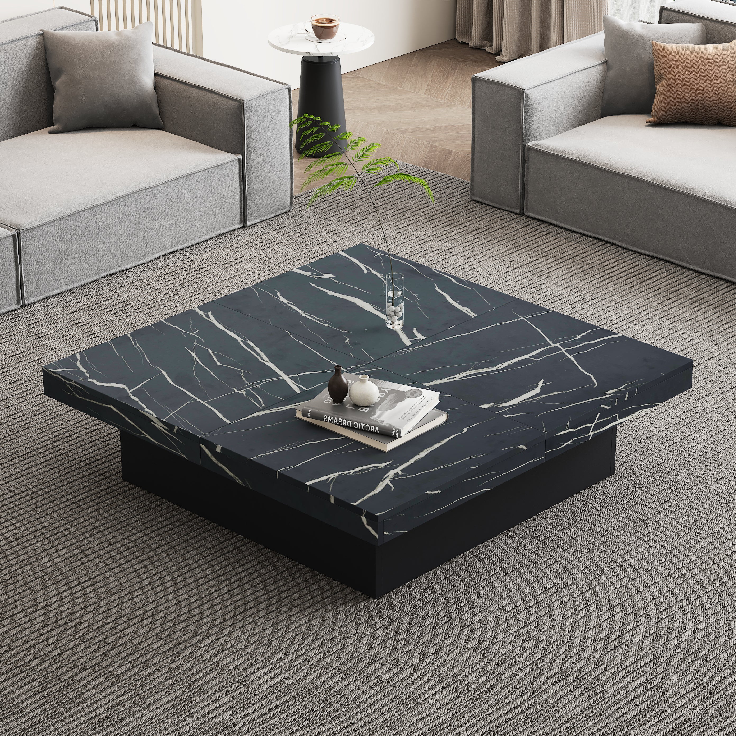 Moderne Vierkante Salontafel met Marmerlook, 4 Schuiflades, 90x90x25 cm, Zwart