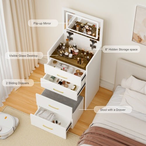 3 In 1 Vanity Desk With Open Top Mirror,Small Make Up Vanity Set With Visible Glass Desktop,Compact Makeup Vanity With 3 Drawers,Dressing Table For Bedroom - Noventis Home