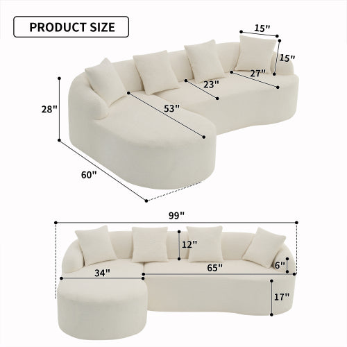 LY-022 Grijze Compressiebank met Chaise Longue en 3-zitter, Chenille Stof met Houtnerf, Inclusief 4 Kussens
