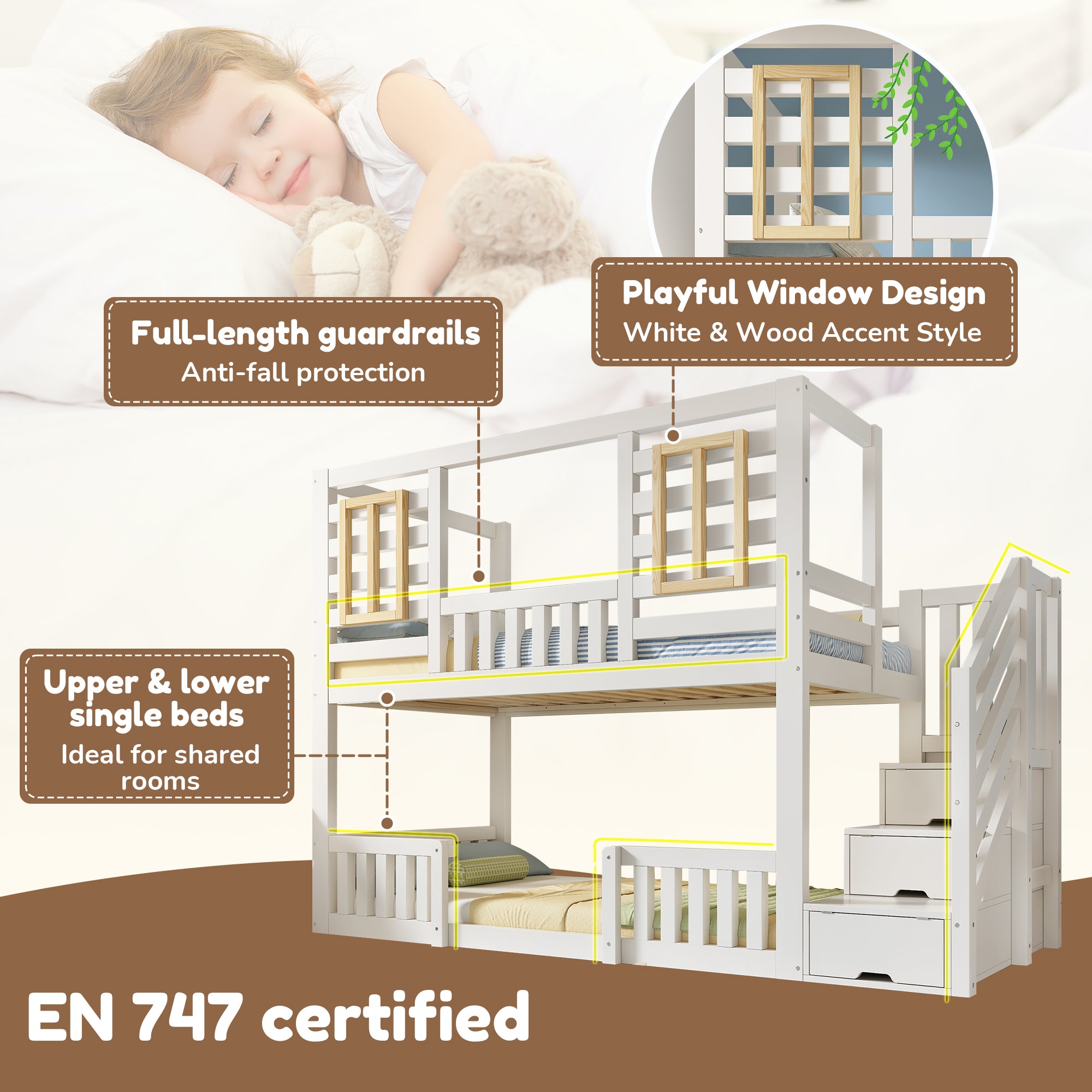Stapelbed voor Kinderen, Houten Huisbed met Trapkast, Multifunctioneel Boomhutbed, Kinderhuisbed, Tweeling Slaapplaats 90+90 x 190 cm, Massief Hout, Wit - Noventis Home