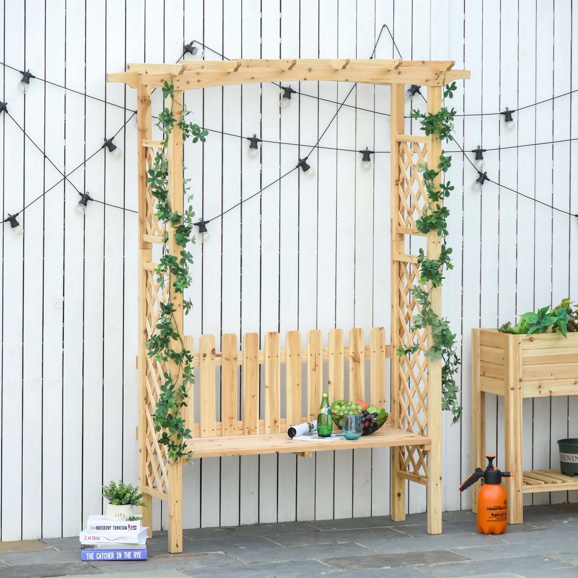 Tuinbank met Boogpergola, Natuurlijk Dennenhout met Beschermend Vernis, 2 - persoons, Ergonomisch Design - Noventis Home