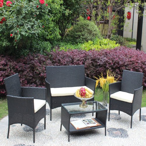 4 PC Rattan Patio Furniture Set Outdoor Patio Cushioned Seat Wicker Sofa Beige Cushion - Noventis Home
