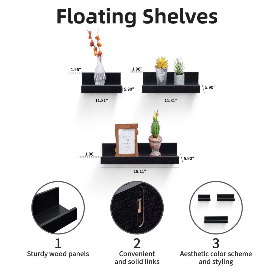 Floating Shelves 18.11 Wall Mounted Wood Shelves For Bathroom, Bedroom, Living Room, Kitchen, Hanging Shelf For Books Storage Decor With Invisible Brackets, Black - Noventis Home