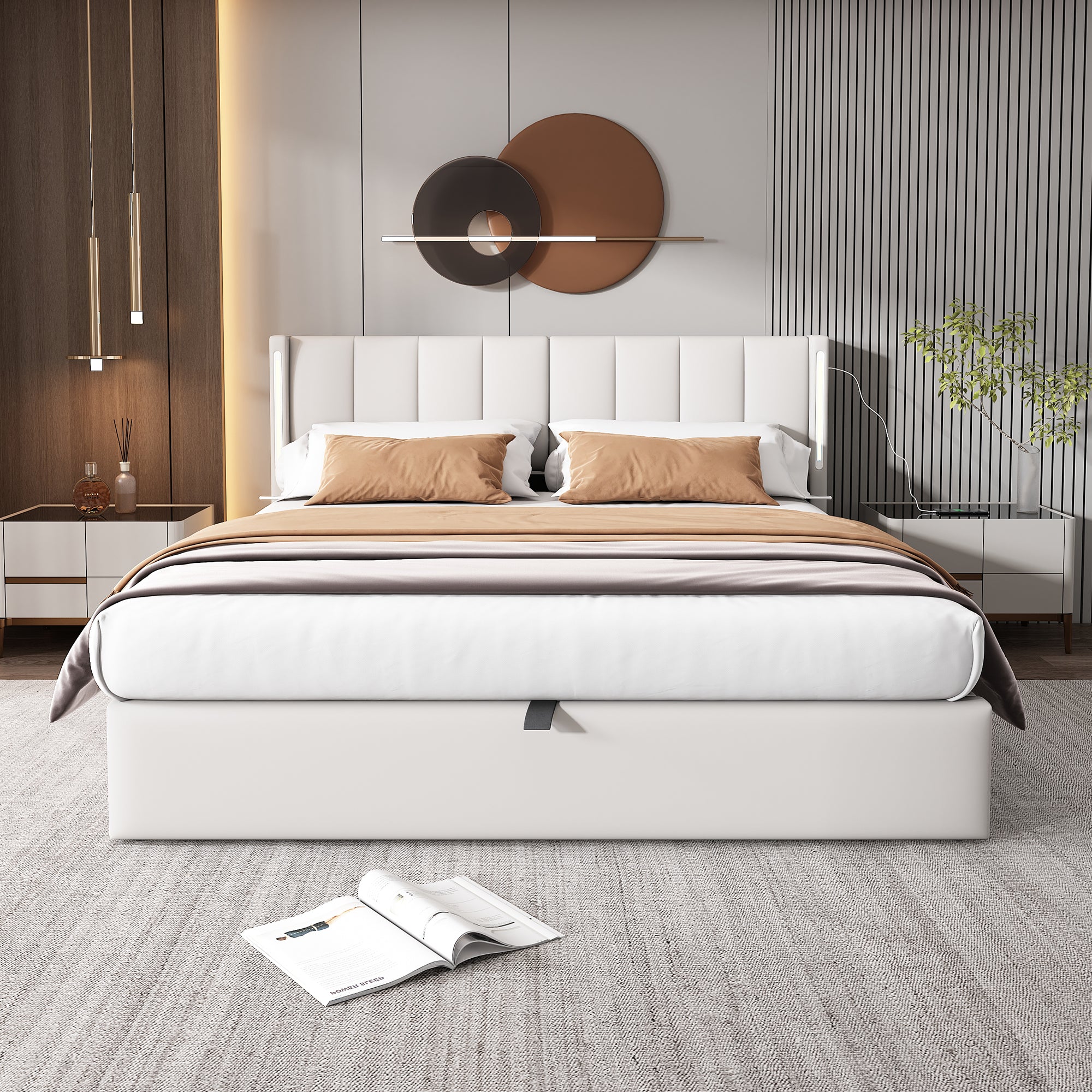 LED Upholstered Super King Size Bed - 6ft 180X200cm With Storage & Hydraulic Lift, USB Charging Ports, Adjustable Headboard & Lighting, PU , White - Noventis Home