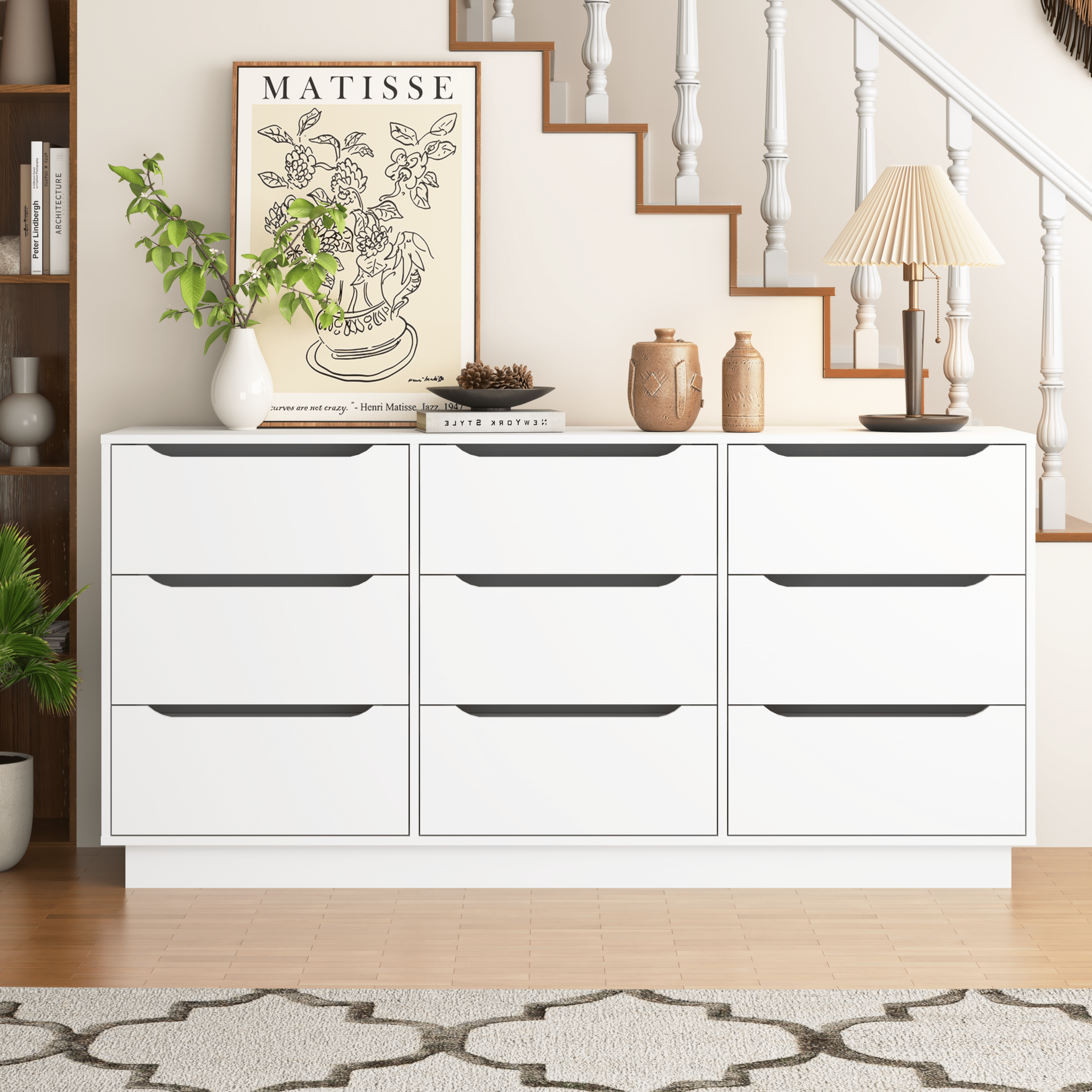 Ladekast met 9 Diepe Lades voor Slaapkamer, Grote Houten Commode, Modern Wit, voor Kledingkast en Woonkamer - Noventis Home