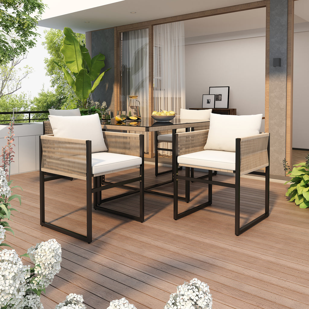 Tuineetset 5 - delig met 1 Eettafel, 4 Stapelbare Stoelen, Fijn Touw, IJzer en 5mm Veiligheidsglas Tafelblad - Noventis Home