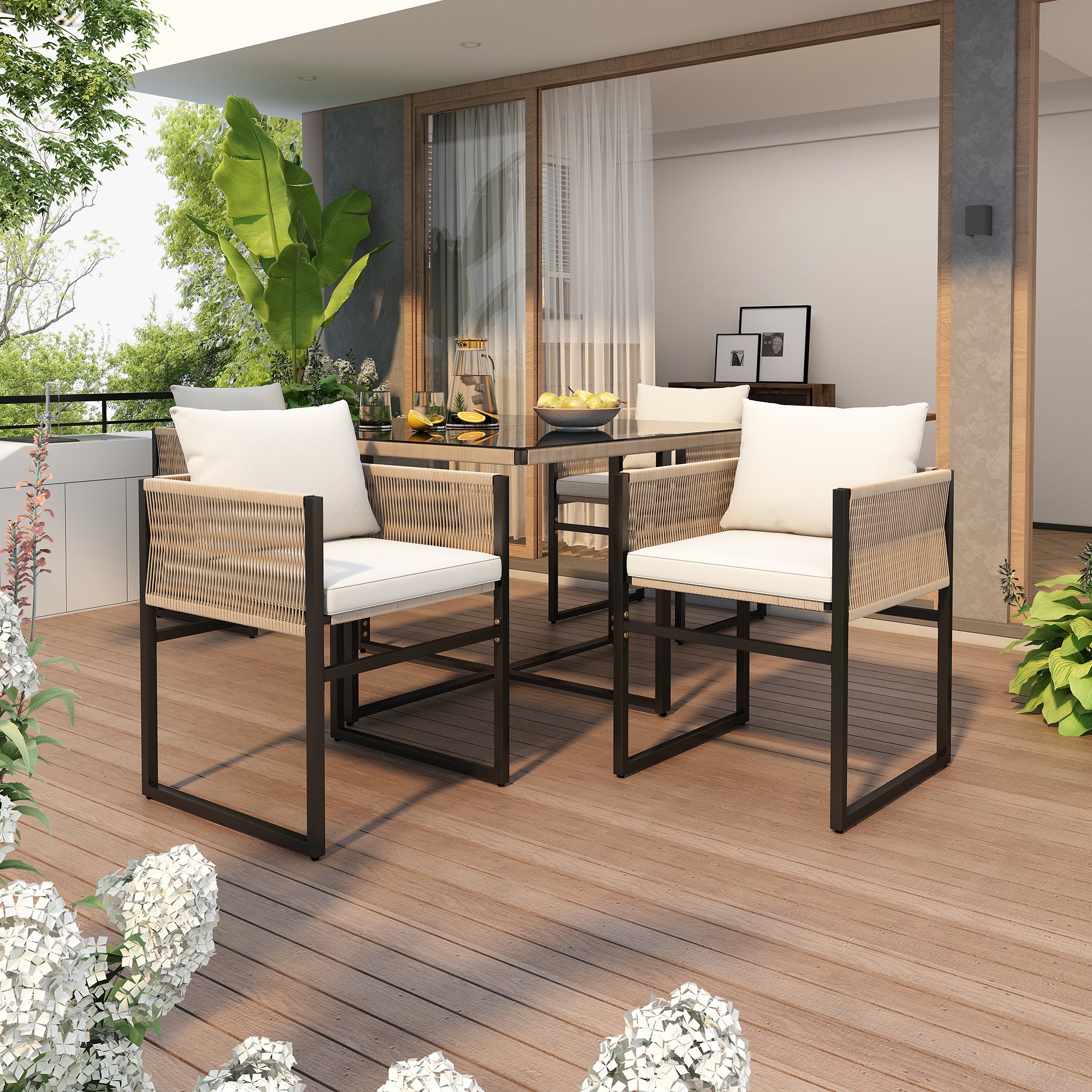 Tuineetset 5 - delig met 1 Eettafel, 4 Stapelbare Stoelen, Fijn Touw, IJzer en 5mm Veiligheidsglas Tafelblad - Noventis Home
