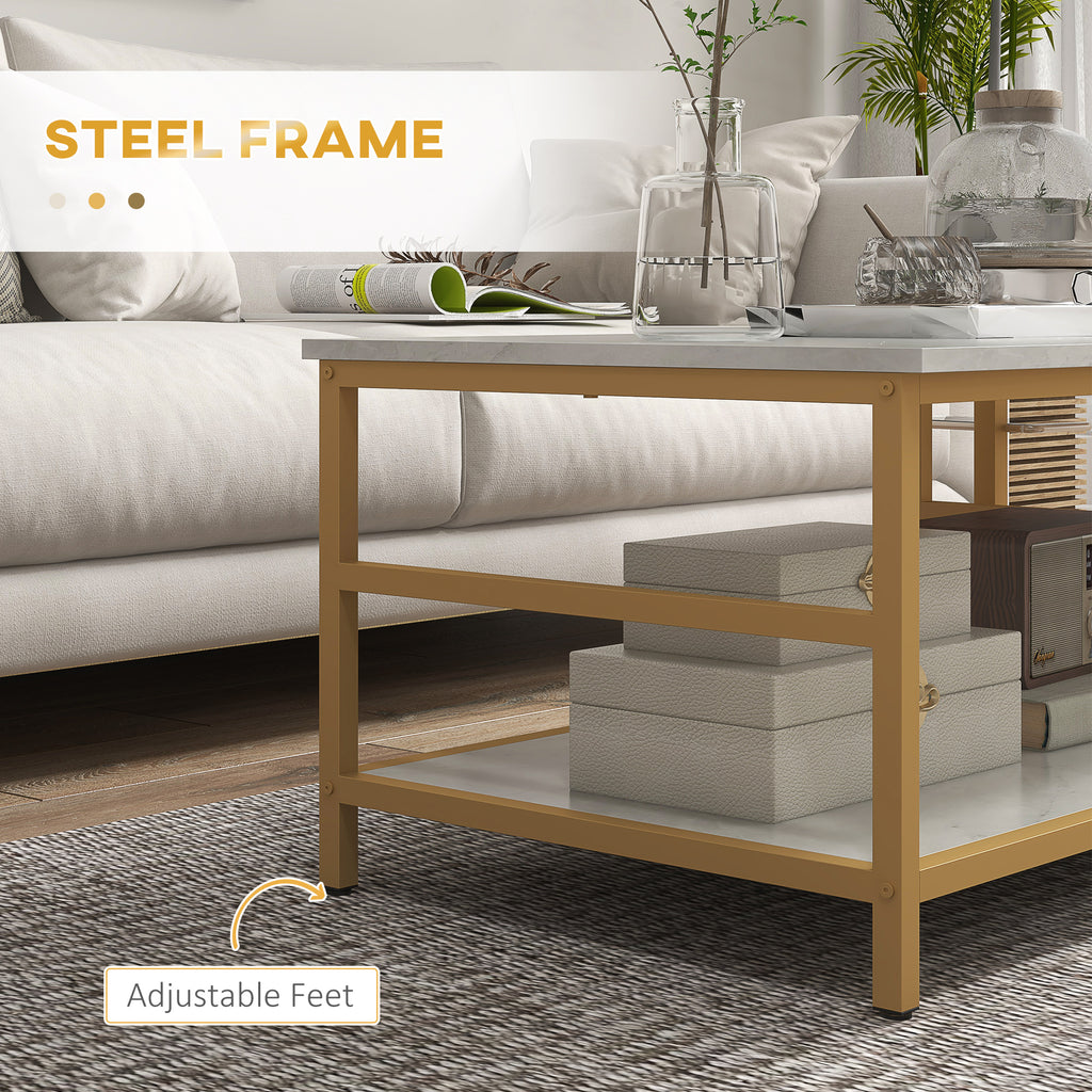 Salontafelset van 2, Marmerlook Tafelblad met Gouden Stalen Frame, Rechthoekig en Rond