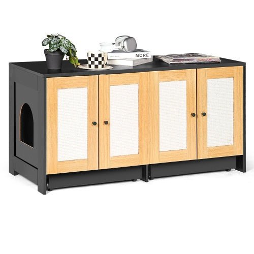 Double Litter Box Enclosure,Cat Litter Box Enclosure For 2 Cats, Hidden Litter Box Furniture With Rattan Doors, 47 L X 19.8 W X 21.8 H,Black - Noventis Home