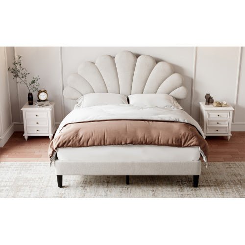 4ft6 Double Upholstered Velvet Bed Frame, With Adjustable Chic Petal Headboard, Velvet Platform Bed Frame With Solid Wood Slat, No Box Spring Needed, Easy Assembly, Beige - Noventis Home